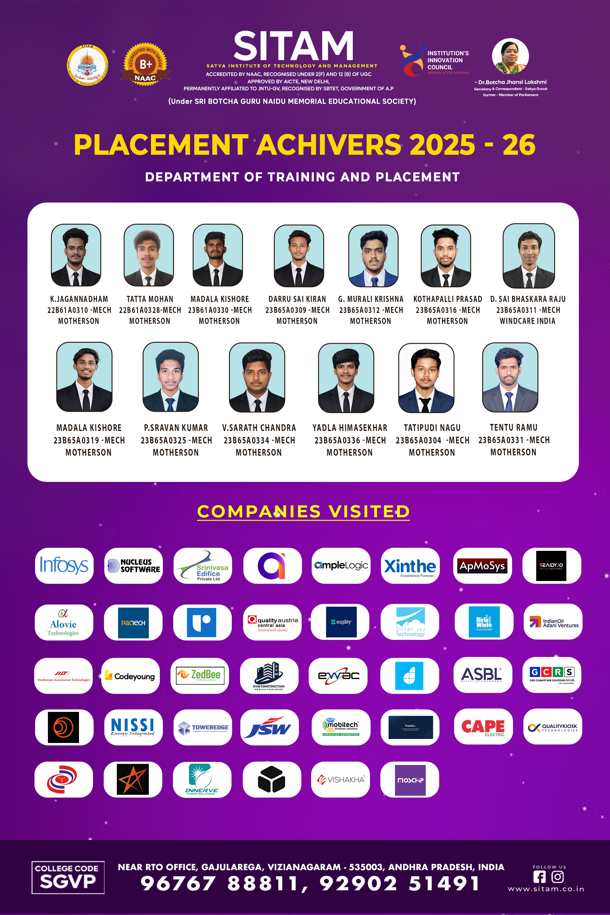 SITAM placed students, academic year 2024–25